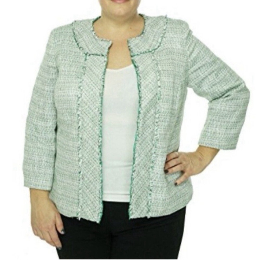 Kasper Women's Green Tweed Open Jacket 3/4 Sleeve‎ Glitter Chic Plus Size 20W